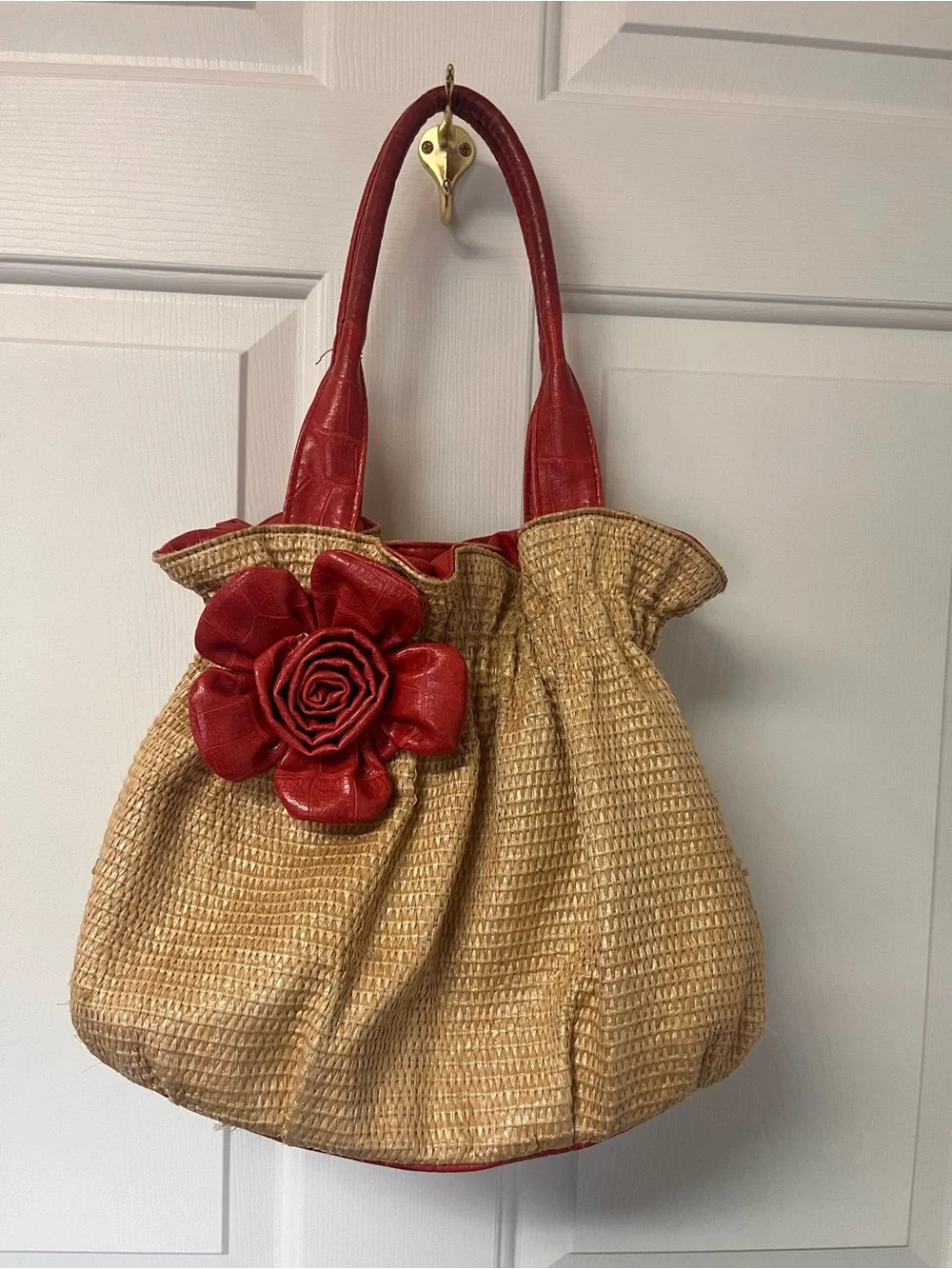 Y2K Bueno Red Floral Accent Straw Hobo Bag EUC